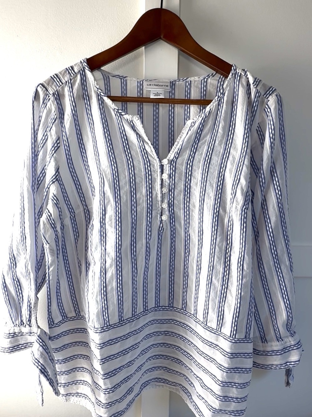 Liz Claiborne 100% Cotton Blue Stripe Peasant Top